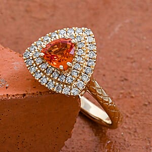 Luxoro AAA Songea Sapphire and G-H I2 Diamond 1.50 ctw Double Halo Ring in 14K Yellow Gold (Size 9.0) 5.25 Grams