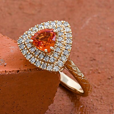 Luxoro AAA Songea Sapphire and G-H I2 Diamond 1.50 ctw Double Halo Ring in 14K Yellow Gold (Size 9.0) 5.25 Grams