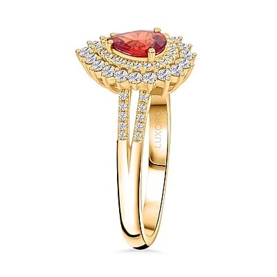 Certified and Appraised Luxoro AAA Red Sapphire and G-H I2 Diamond 1.35 ctw Cocktail Ring in 14K Yellow Gold (Size 12.0) 4.25 Grams