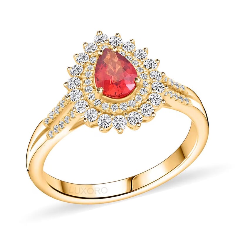 Certified and Appraised Luxoro AAA Red Sapphire and G-H I2 Diamond 1.35 ctw Cocktail Ring in 14K Yellow Gold (Size 6.0) 4.25 Grams
