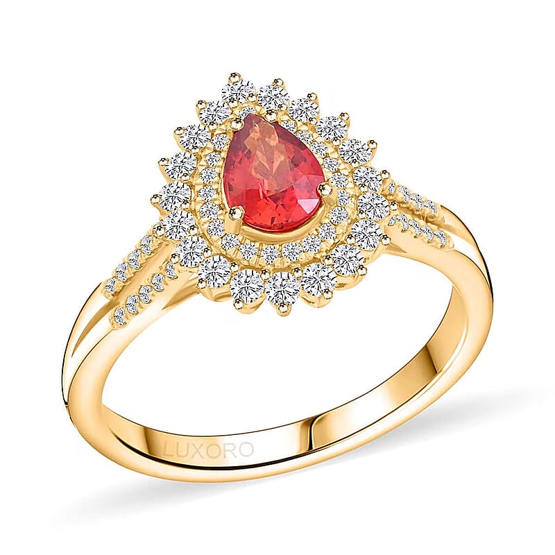 Certified and Appraised Luxoro AAA Red Sapphire and G-H I2 Diamond 1.35 ctw Cocktail Ring in 14K Yellow Gold (Size 7.0) 4.25 Grams