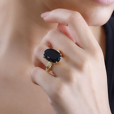 California Black Jade 12.50 ctw Pixiu Ring in 18K Vermeil Yellow Gold Over Sterling Silver (Size 10.0) 