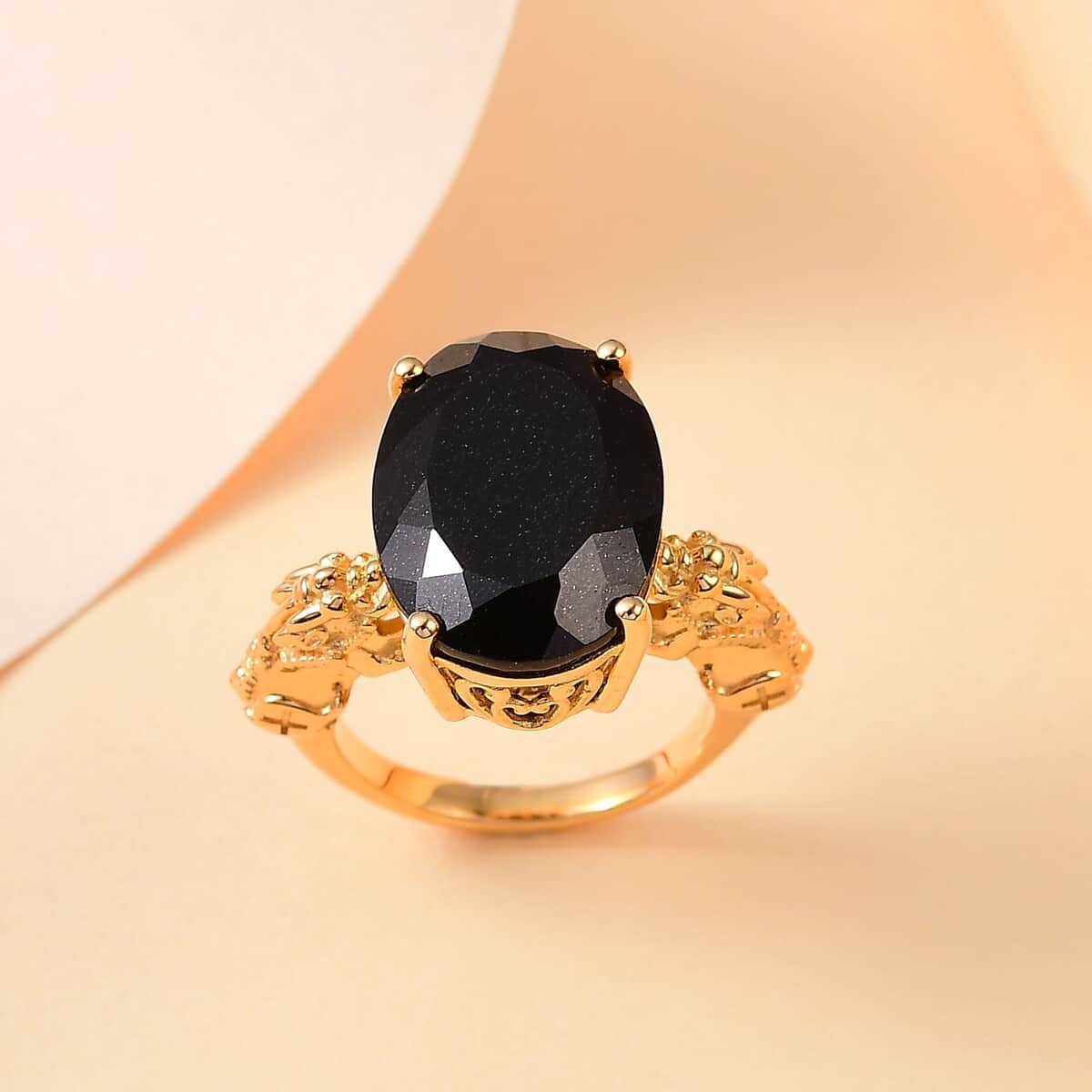 California Black Jade 12.50 ctw Pixiu Ring in 18K Vermeil Yellow Gold Over Sterling Silver (Size 6.0)  image number 1