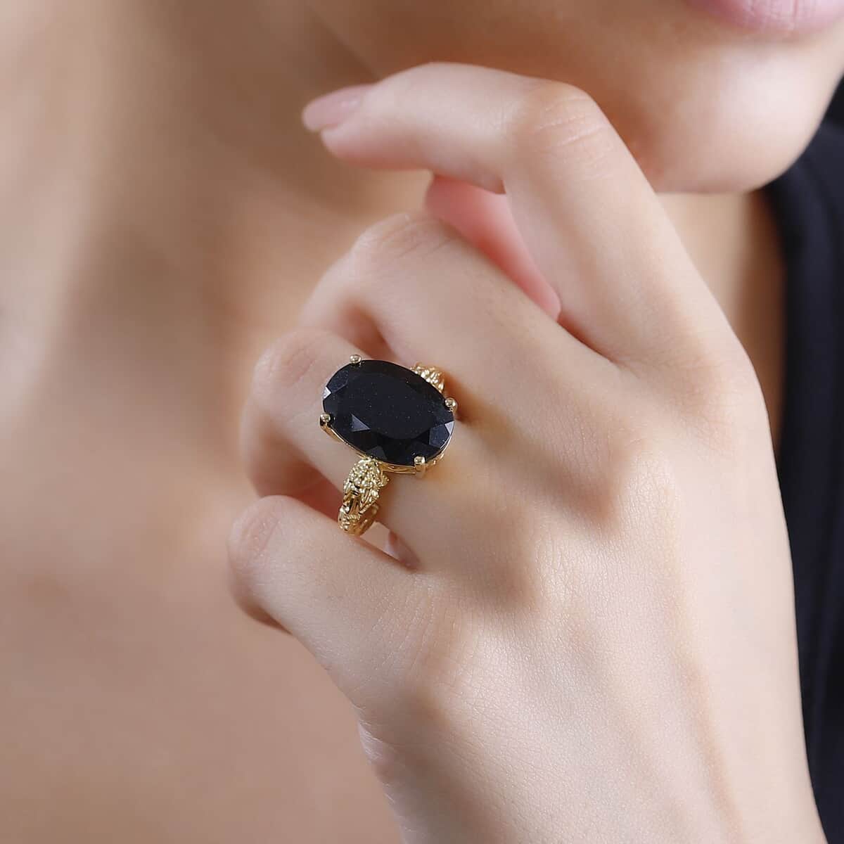 California Black Jade 12.50 ctw Pixiu Ring in 18K Vermeil Yellow Gold Over Sterling Silver (Size 6.0)  image number 2