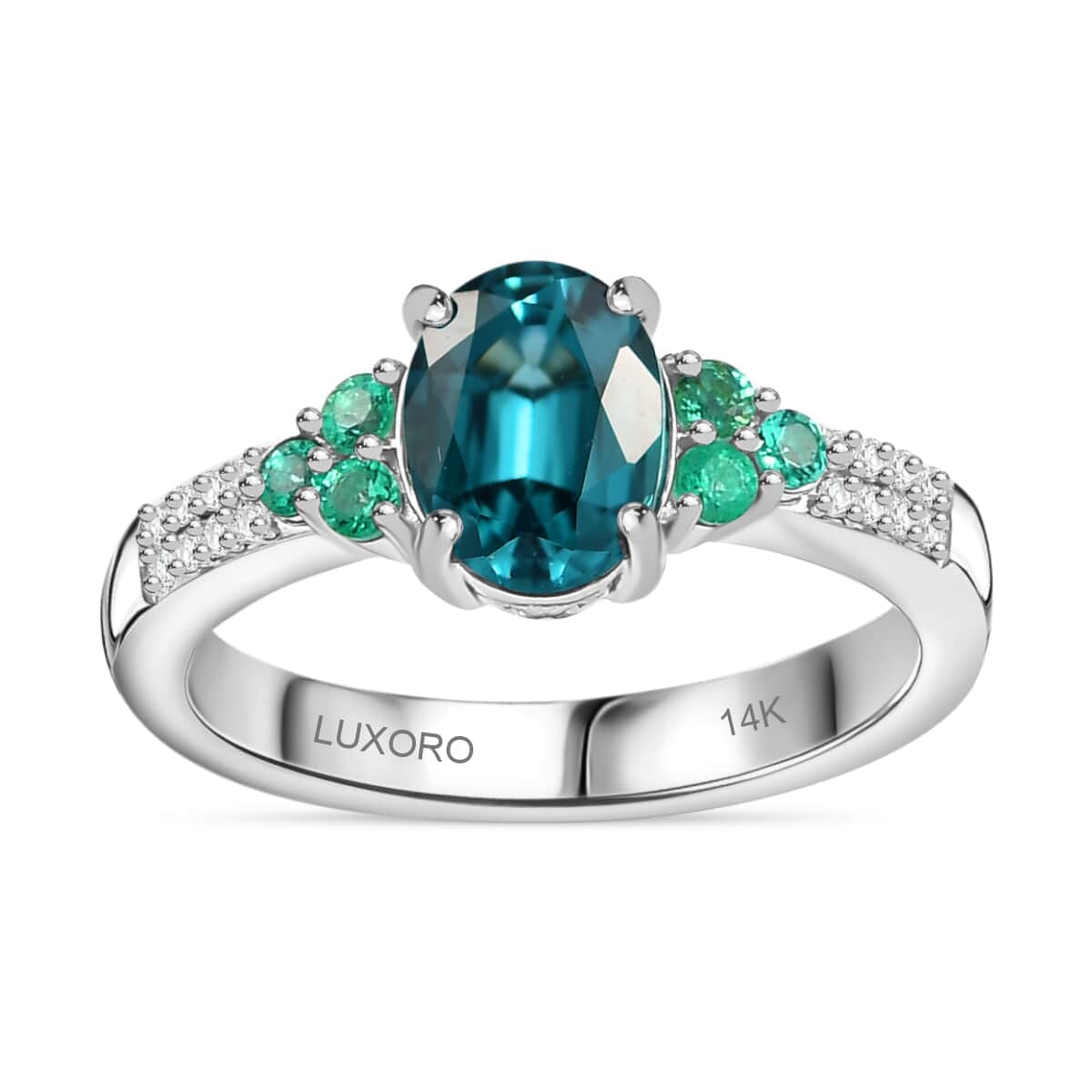 Epic Deal Luxoro 14K White Gold AAA Monte Belo Indicolite, Premium Boyaca Colombian Emerald, Diamond (I2) Ocean Garden Ring (Size 7.0) 1.60 ctw image number 0