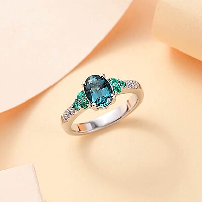 Luxoro AAA Monte Belo Indicolite, AAA Boyaca Colombian Emerald and I2 Diamond 1.60 ctw Ocean Garden Ring in 14K White Gold (Size  10.0)
