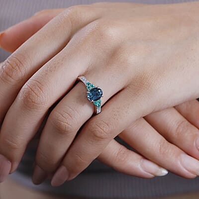 Luxoro AAA Monte Belo Indicolite, AAA Boyaca Colombian Emerald and I2 Diamond 1.60 ctw Ocean Garden Ring in 14K White Gold (Size  10.0)