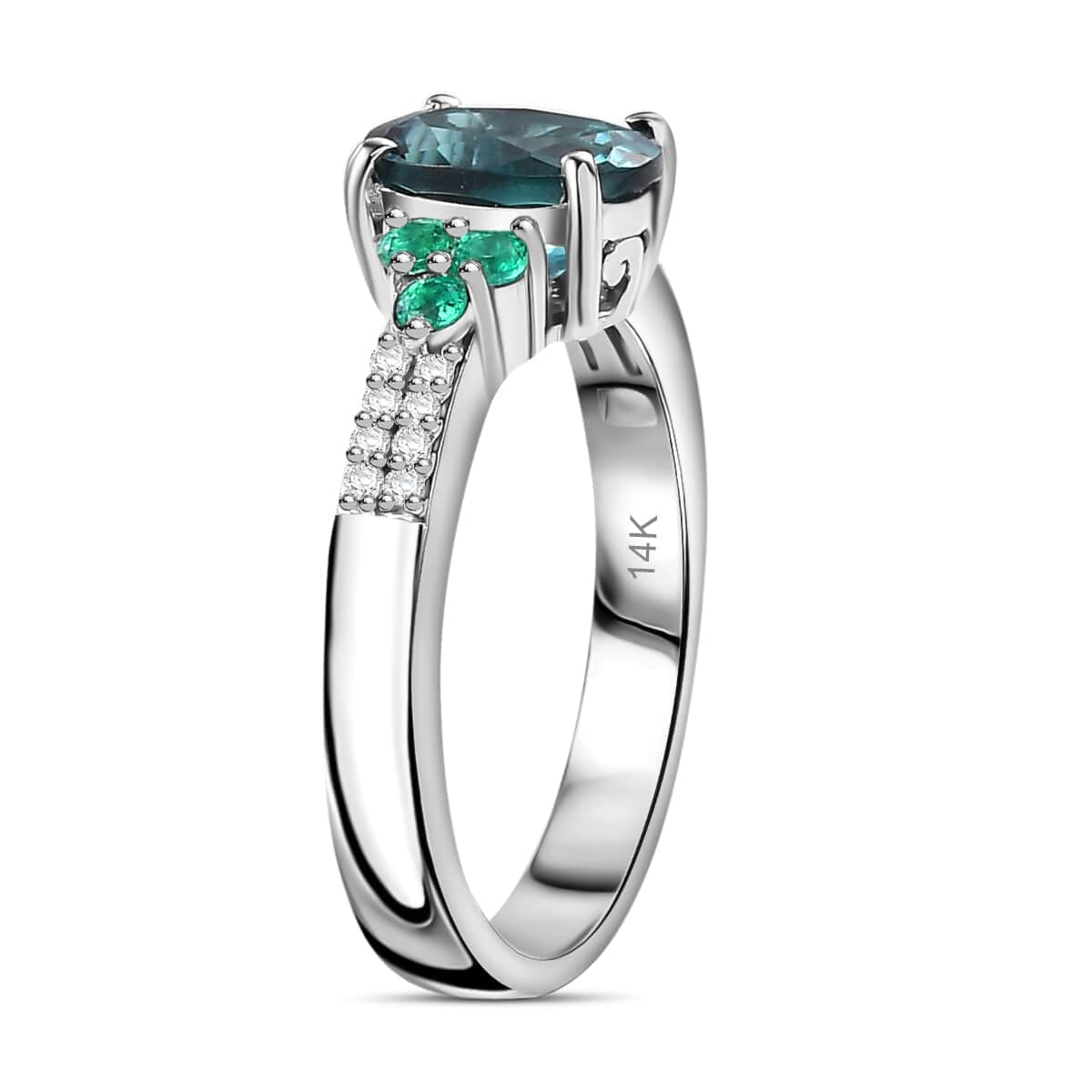 Epic Deal Luxoro 14K White Gold AAA Monte Belo Indicolite, Premium Boyaca Colombian Emerald, Diamond (I2) Ocean Garden Ring (Size 7.0) 1.60 ctw image number 3