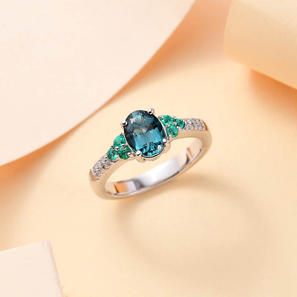 Luxoro AAA Monte Belo Indicolite, AAA Boyaca Colombian Emerald and I2 Diamond 1.60 ctw Ocean Garden Ring in 14K White Gold (Size  7.0) image number 1