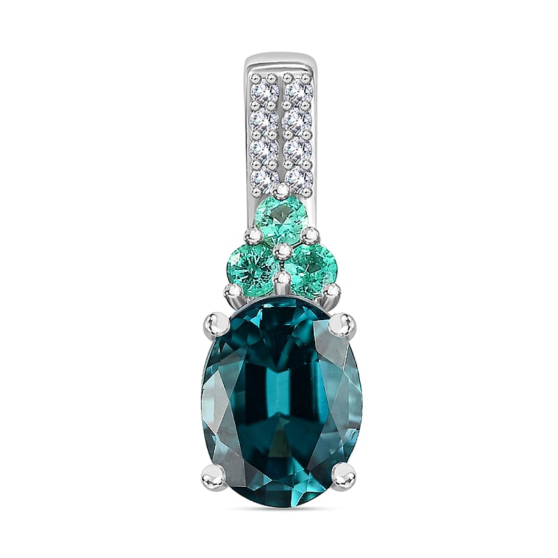Luxoro AAA Monte Belo Indicolite, Premium Boyaca Colombian Emerald, Diamond I2 1.45 ctw Ocean Garden Pendant without Chain in 14K White Gold