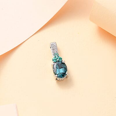 Luxoro AAA Monte Belo Indicolite, Premium Boyaca Colombian Emerald, Diamond I2 1.45 ctw Ocean Garden Pendant without Chain in 14K White Gold