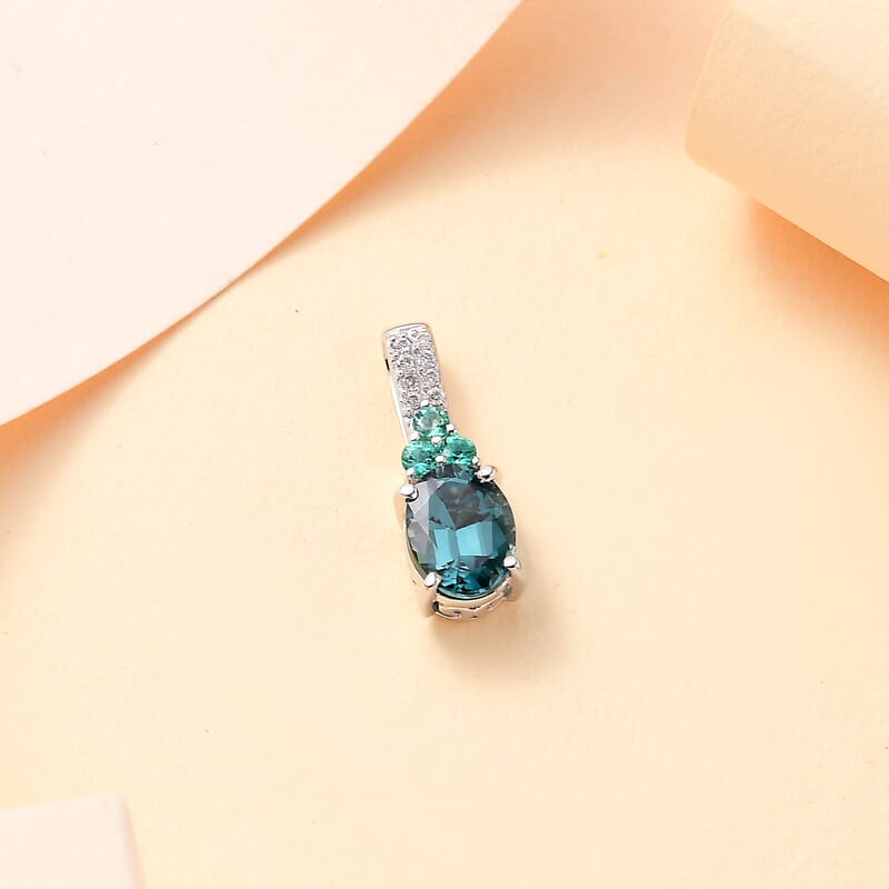 Luxoro AAA Monte Belo Indicolite, Premium Boyaca Colombian Emerald, Diamond I2 1.45 ctw Ocean Garden Pendant without Chain in 14K White Gold
