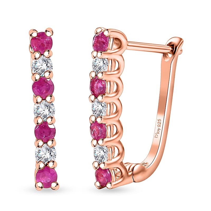 Premium Mozambique Pink Sapphire and Moissanite 1.25 ctw Latch Back Earrings in 18K Vermeil Rose Gold Over Sterling Silver