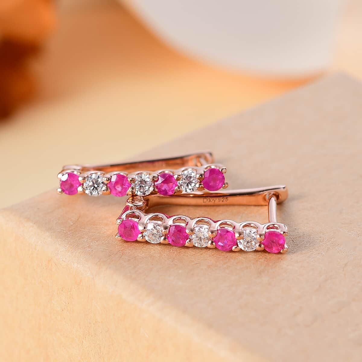 Premium Mozambique Pink Sapphire and Moissanite 1.25 ctw Latch Back Earrings in 18K Vermeil Rose Gold Over Sterling Silver image number 1