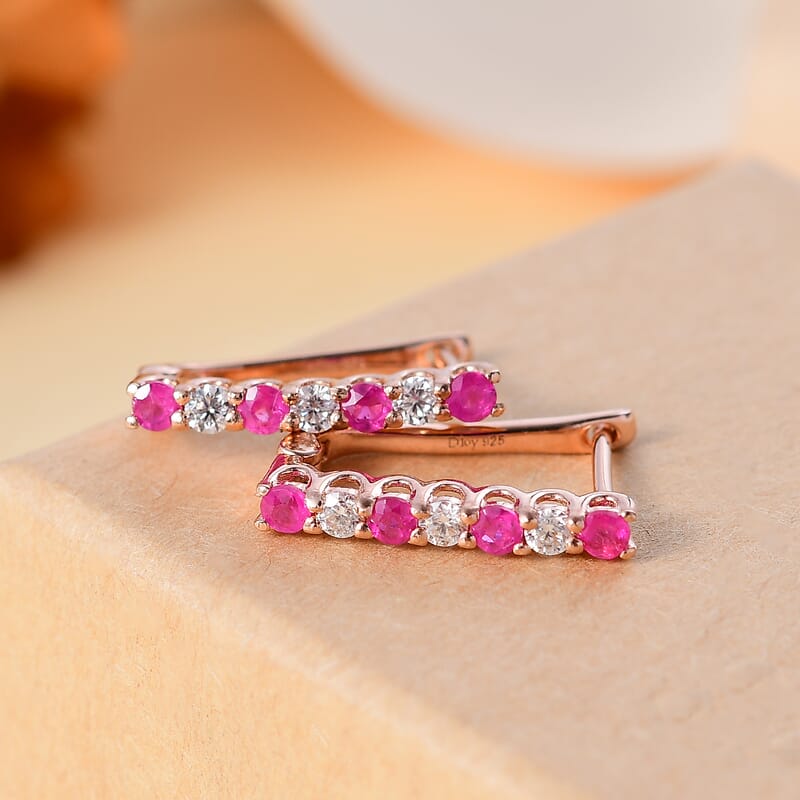 Premium Mozambique Pink Sapphire and Moissanite 1.25 ctw Latch Back Earrings in 18K Vermeil Rose Gold Over Sterling Silver
