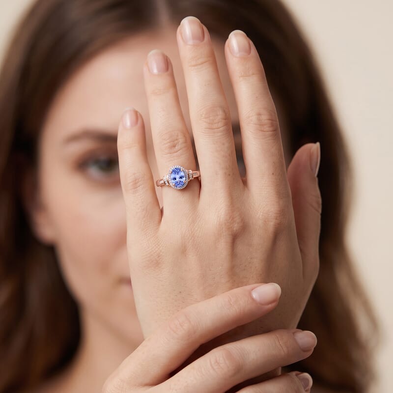 D'Joy Tanzanite and Diamond 1.00 ctw Ring in 18K Vermeil Rose Gold Over Sterling Silver (Size 10.0)