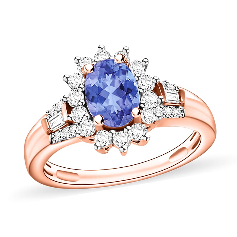 Tanzanite and Moissanite 1.25 ctw Sunburst Ring in 18K Vermeil Rose Gold Over Sterling Silver (Size 10.0)