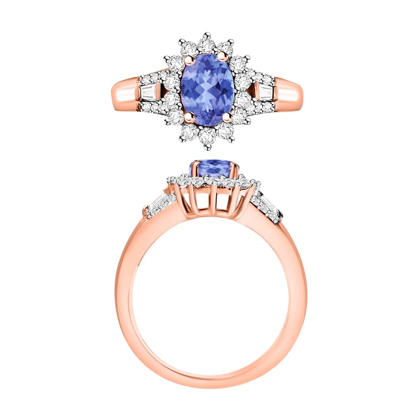 Tanzanite and Moissanite 1.25 ctw Sunburst Ring in 18K Vermeil Rose Gold Over Sterling Silver (Size 10.0)