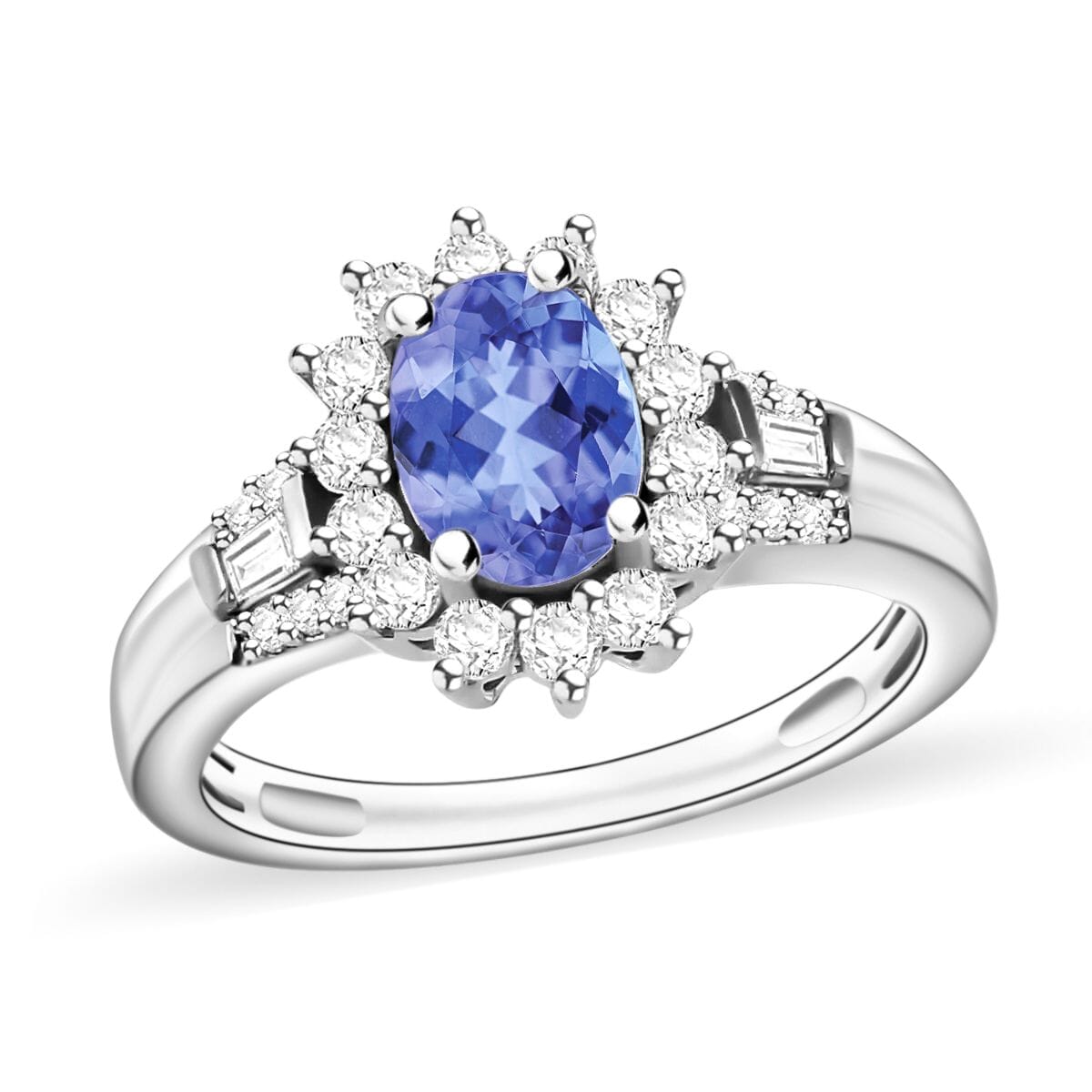 Tanzanite and Moissanite 1.25 ctw Sunburst Ring in Rhodium Over Sterling Silver (Size 6.5) image number 0
