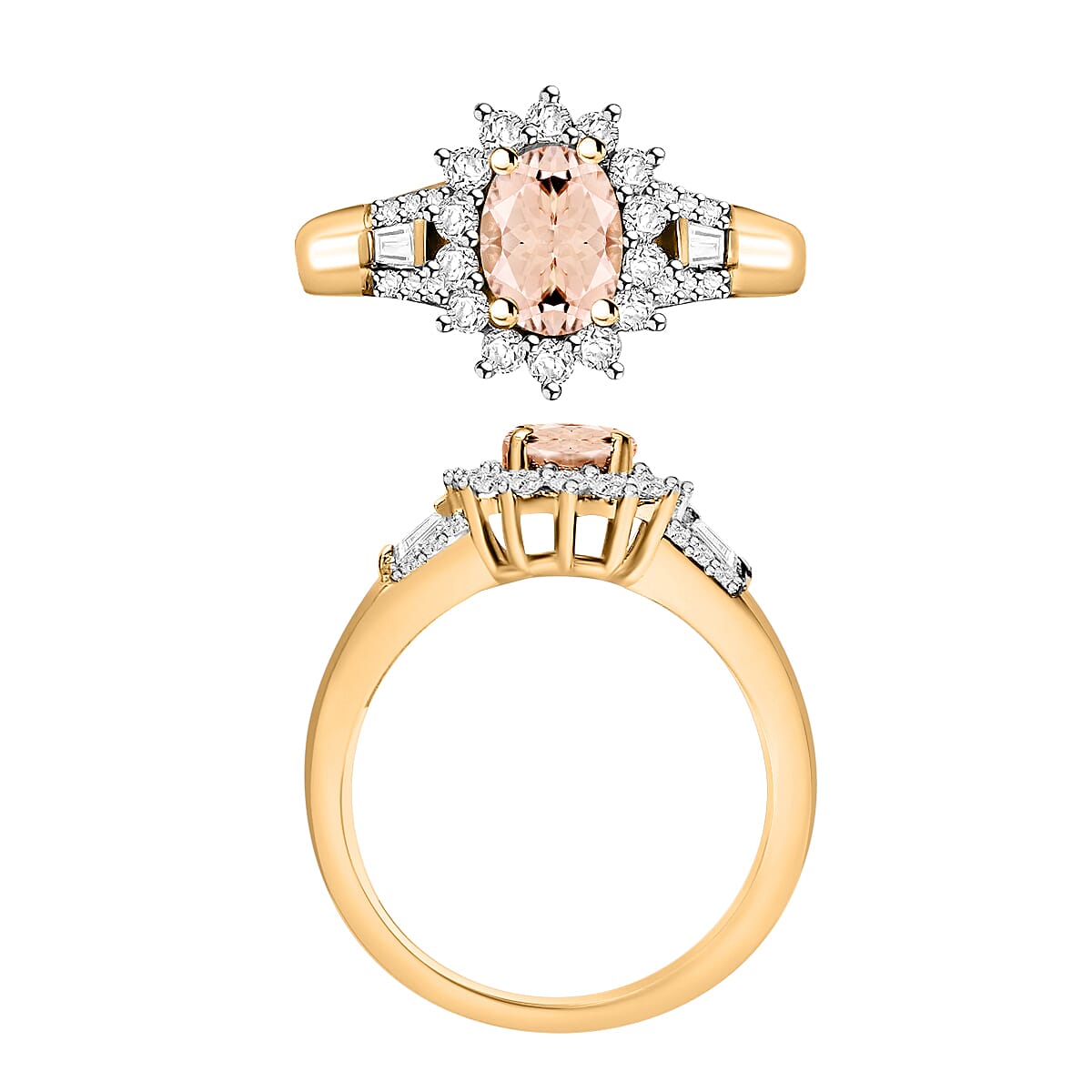 Marropino Morganite and Moissanite 1.25 ctw Sunburst Ring in 18K Vermeil Yellow Gold Over Sterling Silver (Size 6.0) (Del. in 10-12 Days) image number 3