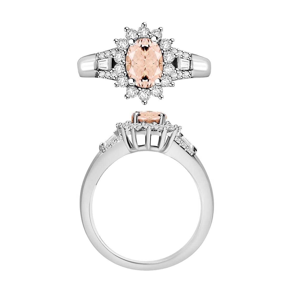 Marropino Morganite and Moissanite 1.25 ctw Sunburst Ring in Rhodium Over Sterling Silver (Size 12.0) (Del. in 10-12 Days) image number 3