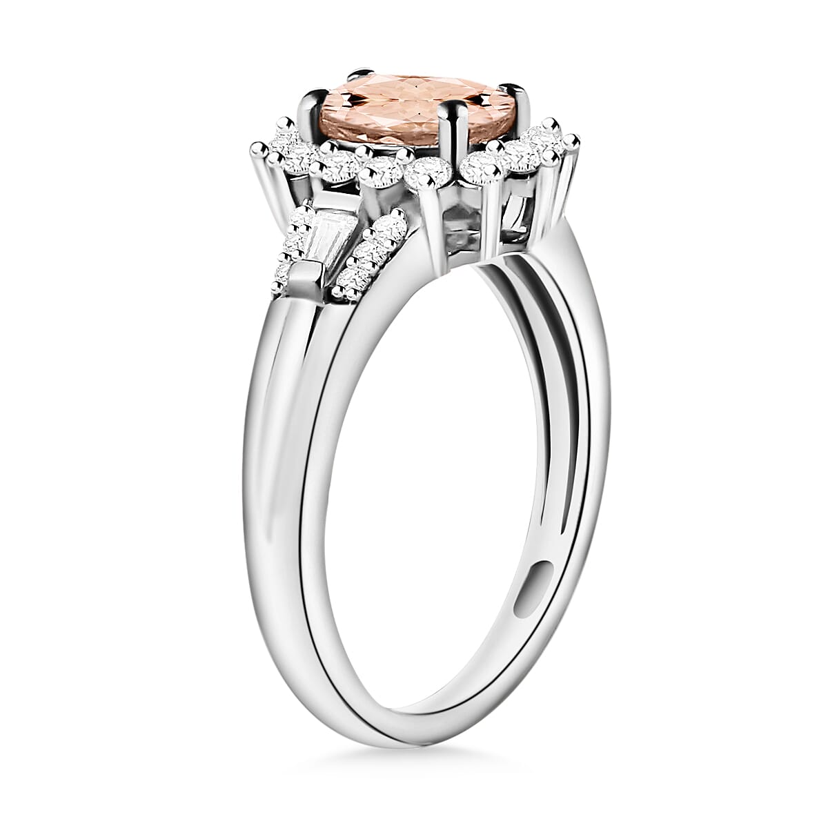 Marropino Morganite and Moissanite 1.25 ctw Sunburst Ring in Rhodium Over Sterling Silver (Size 9.5) (Del. in 10-12 Days) image number 2