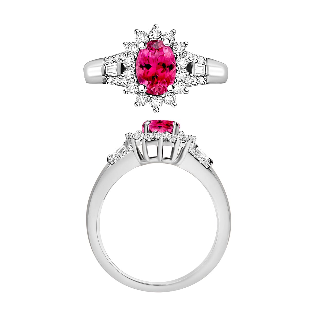 Ouro Fino Rubellite and Moissanite 1.25 ctw Sunburst Ring in Rhodium Over Sterling Silver (Size 6.0) (Del. in 10-12 Days) image number 3