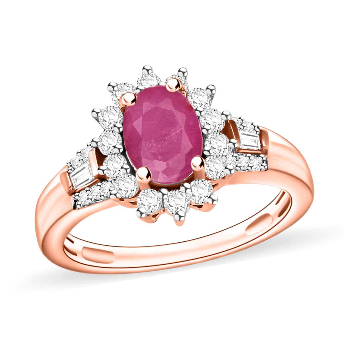 Mozambique Ruby and Moissanite 1.50 ctw Ring in 18K Vermeil Rose Gold Over Sterling Silver (Size 10.0) image number 0