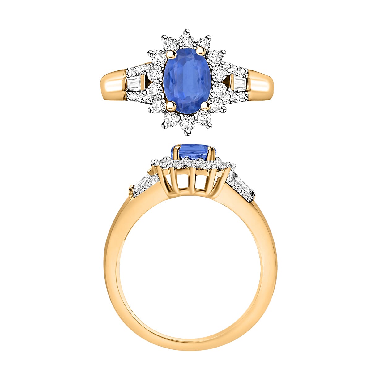 Kanchanaburi Blue Sapphire and Moissanite 1.40 ctw Ring in 18K Vermeil Yellow Gold Over Sterling Silver (Size 5.0) (Del. in 10-12 Days) image number 3