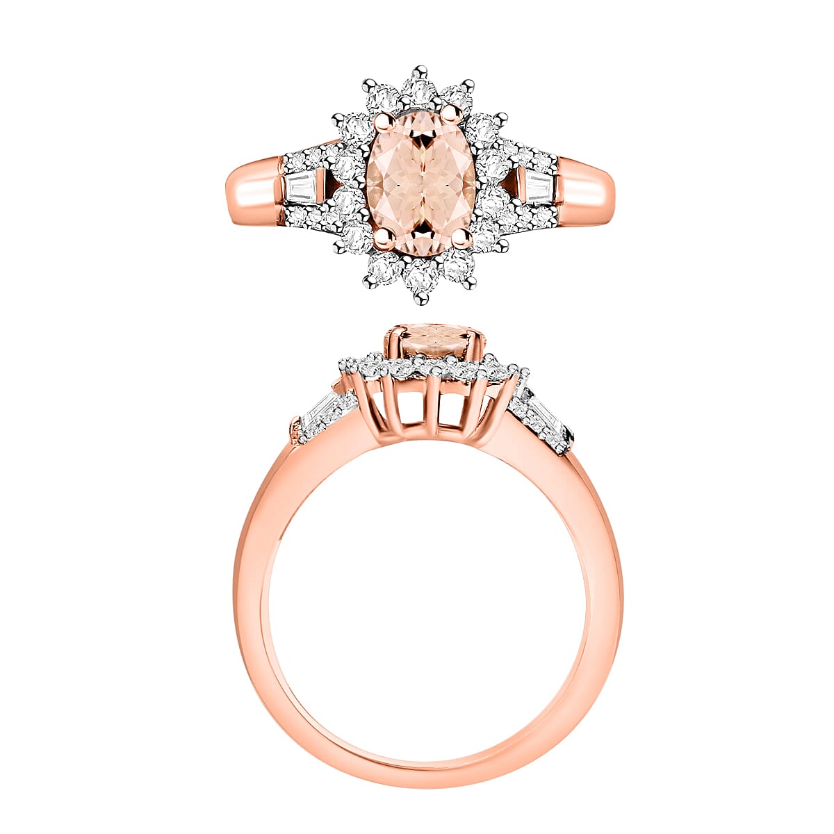Pink Morganite and Moissanite 1.25 ctw Ring in 18K Vermeil Rose Over Sterling Silver (Size 10.0)