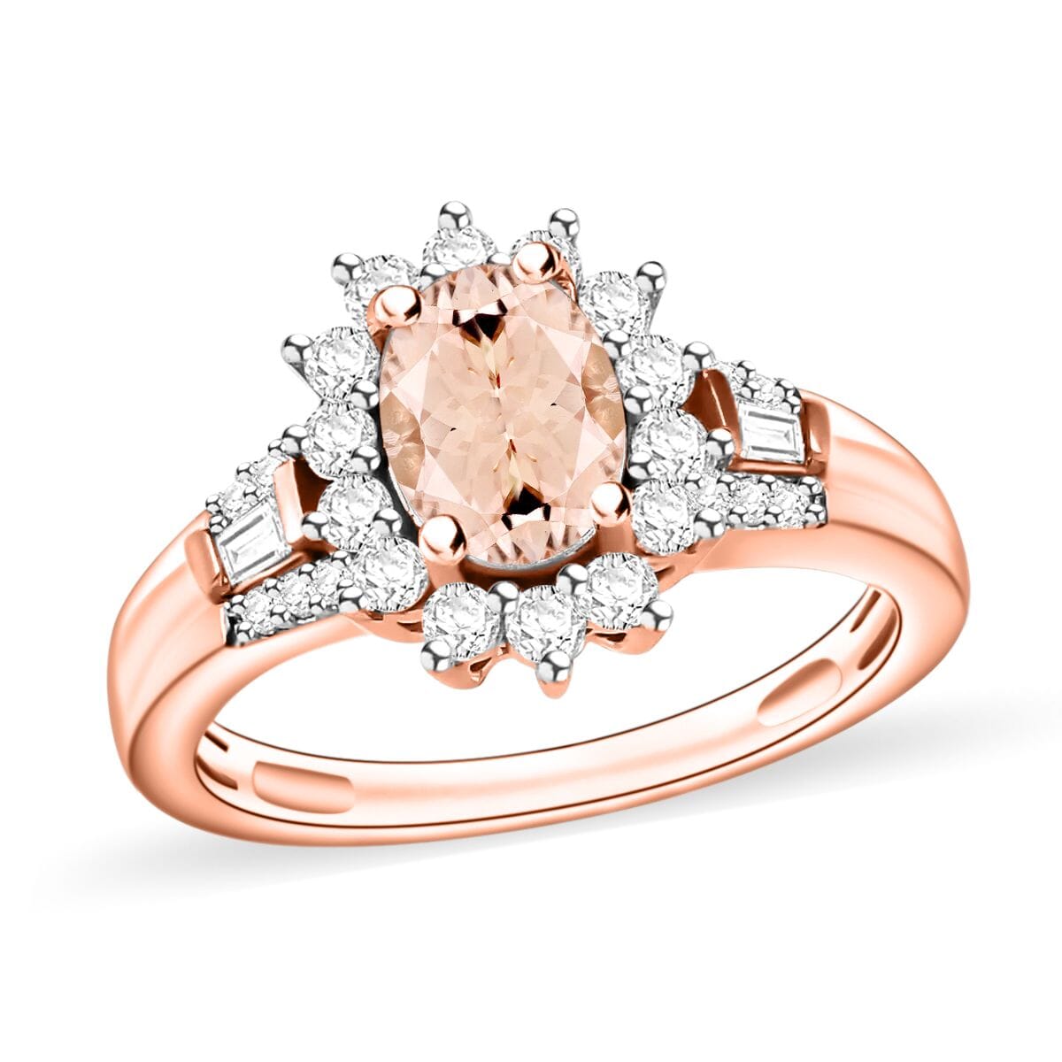 Pink Morganite and Moissanite 1.25 ctw Ring in 18K Vermeil Rose Over Sterling Silver (Size 8.5) image number 0