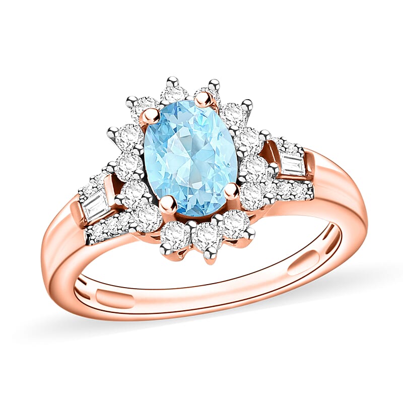 D'Joy Mangoro Aquamarine and Moissanite 1.25 ctw Ring in 18K Vermeil Rose Gold Over Sterling Silver (Size 8.0)