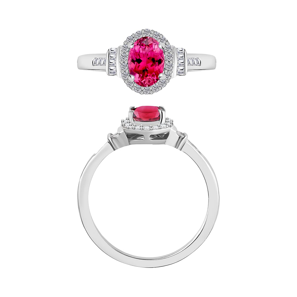 Ouro Fino Rubellite and Diamond 1.00 ctw Ring in Rhodium Over Sterling Silver (Size 5.5) (Del. in 10-12 Days) image number 3