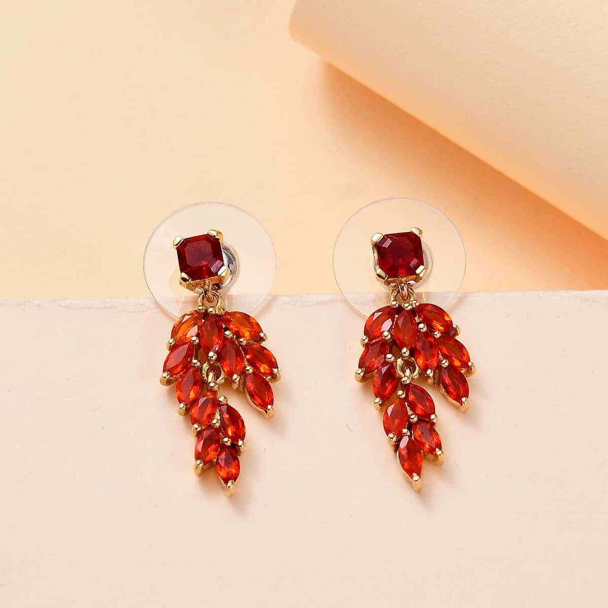 Mexican Cherry Fire Opal 1.70 ctw Scarlet Cascade Earrings in 18K Vermeil Yellow Gold Over Sterling Silver image number 1