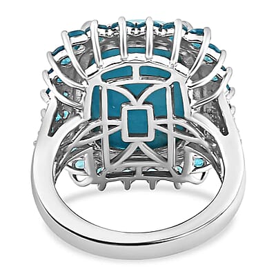 Sleeping Beauty Turquoise and Malgache Neon Apatite 12.25 ctw Ring, Turquoise Halo Ring, Platinum Over Sterling Silver Ring, Wedding Ring For Her