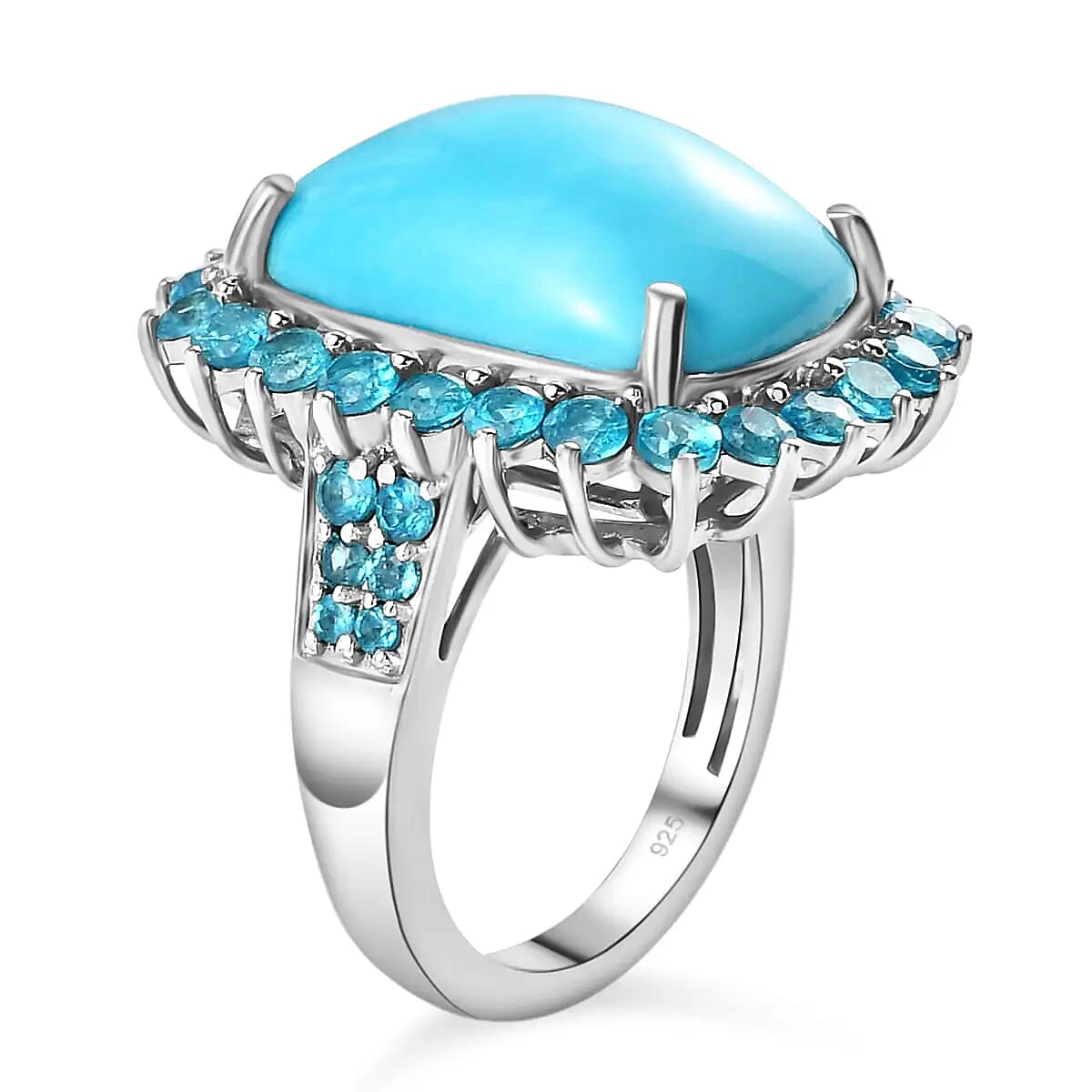 Sleeping Beauty Turquoise Ring, Malgache Neon Apatite Accent Ring, Turquoise Halo Ring, Platinum Over Sterling Silver Ring, Wedding Ring For Her 12.25 ctw