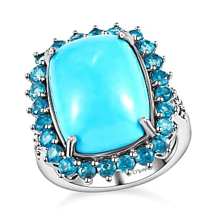 Sleeping Beauty Turquoise Ring, Malgache Neon Apatite Accent Ring, Turquoise Halo Ring, Platinum Over Sterling Silver Ring, Wedding Ring For Her 12.25 ctw