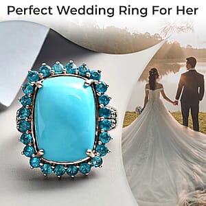 Sleeping Beauty Turquoise Ring, Malgache Neon Apatite Accent Ring, Turquoise Halo Ring, Platinum Over Sterling Silver Ring, Wedding Ring For Her 12.25 ctw