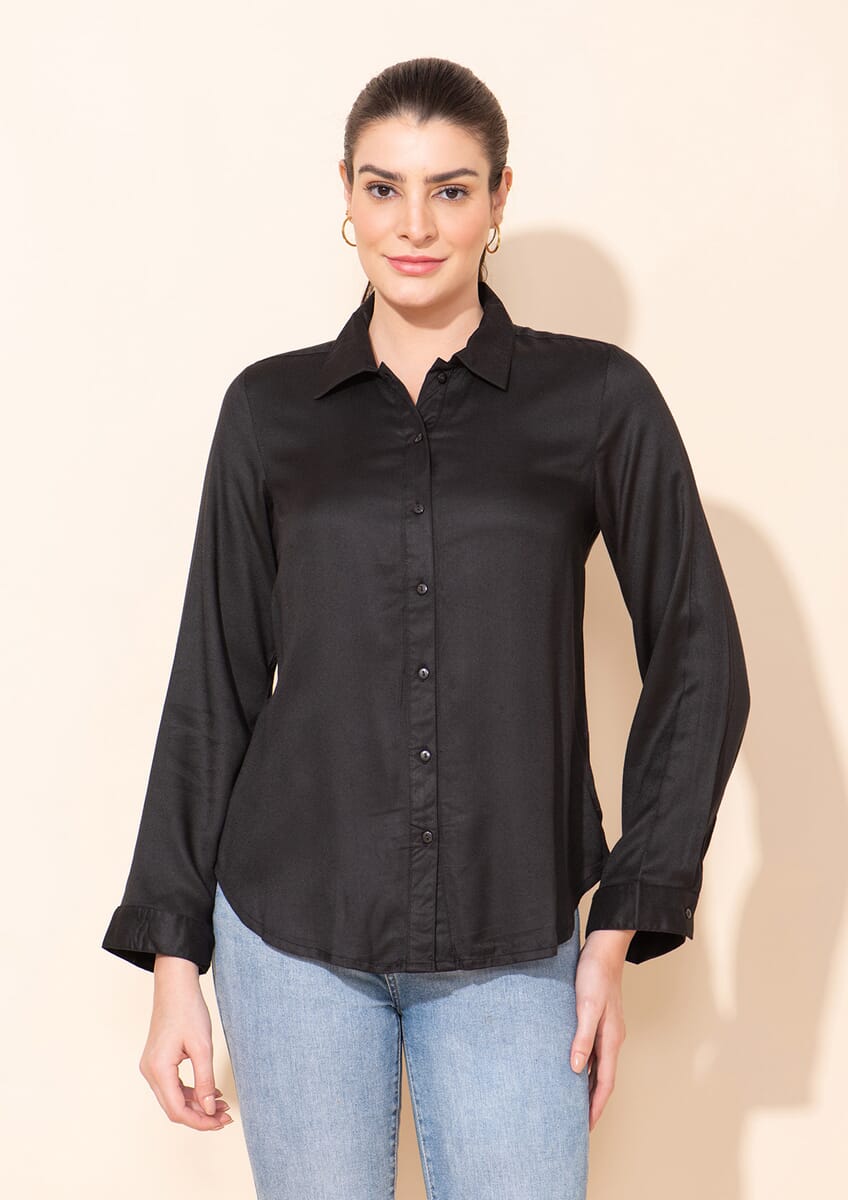 Tamsy Black Rayon Twill Top -2X image number 3