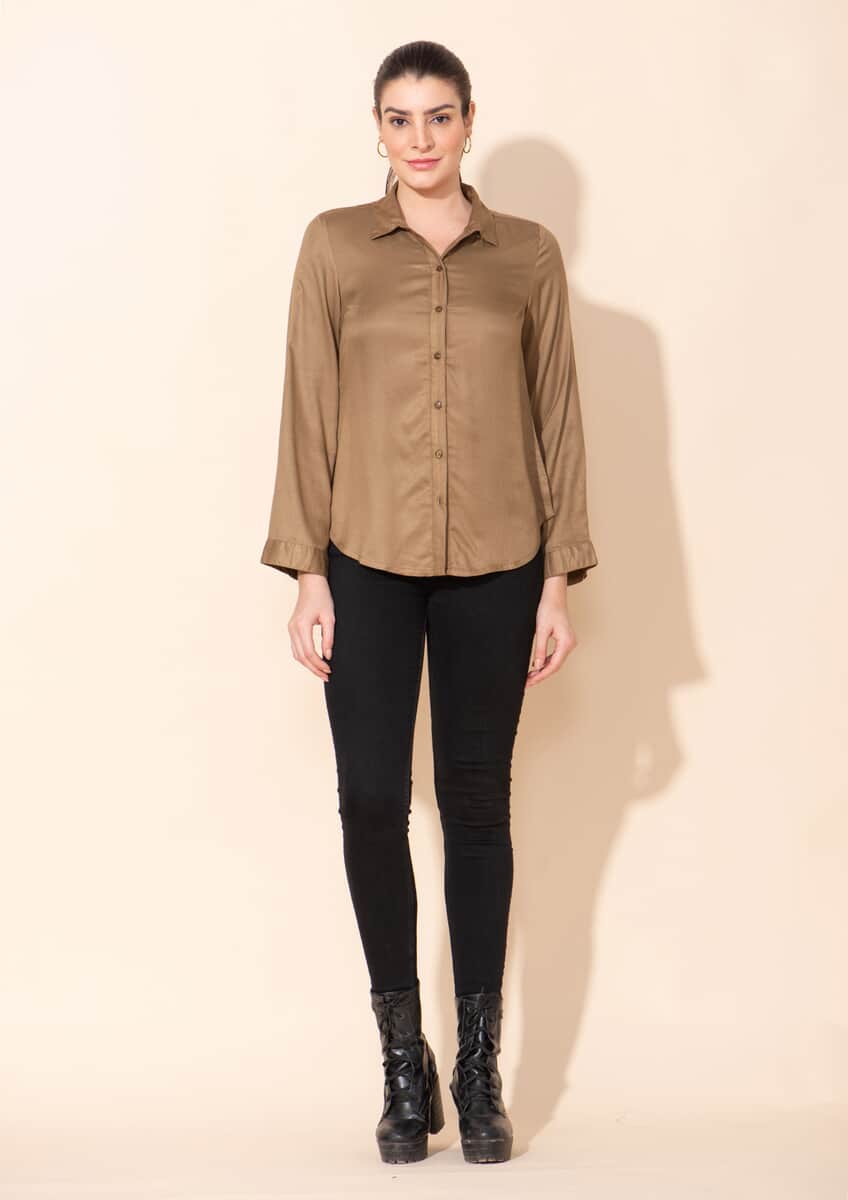 Tamsy Olive Green Rayon Twill Top -S image number 0