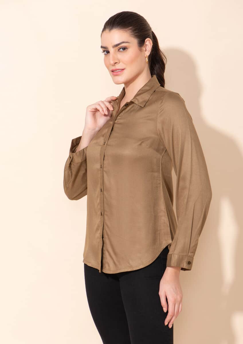 Tamsy Olive Green Rayon Twill Top -S image number 3