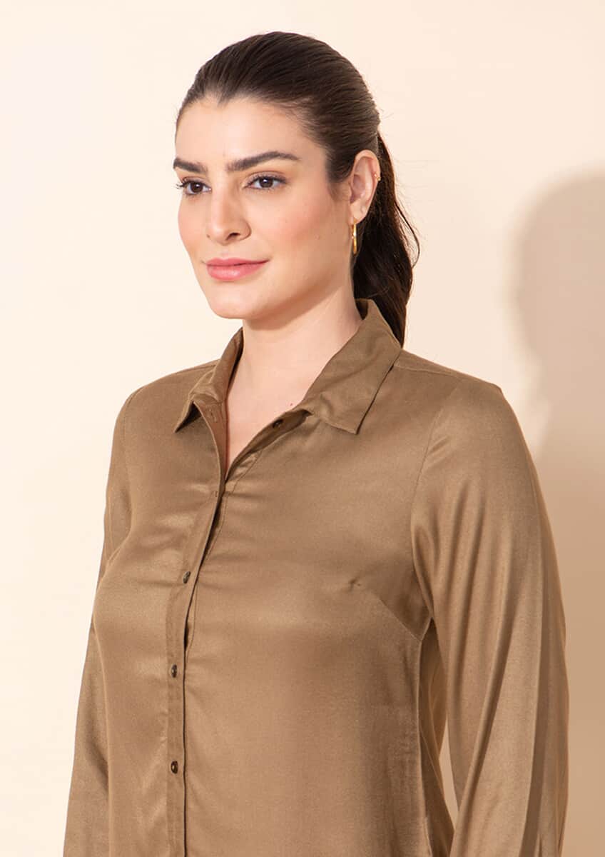 Tamsy Olive Green Rayon Twill Top -S image number 4