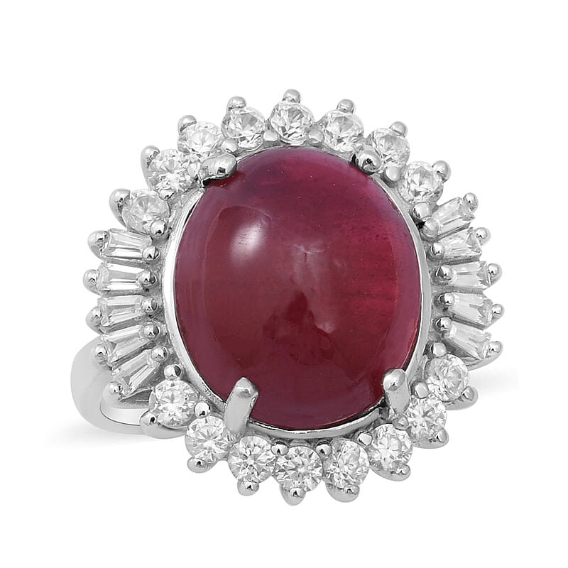 Premium African Ruby and Natural White Zircon Cocktail Ring in Platinum Over Sterling Silver (Size 10.0) 19.60 ctw