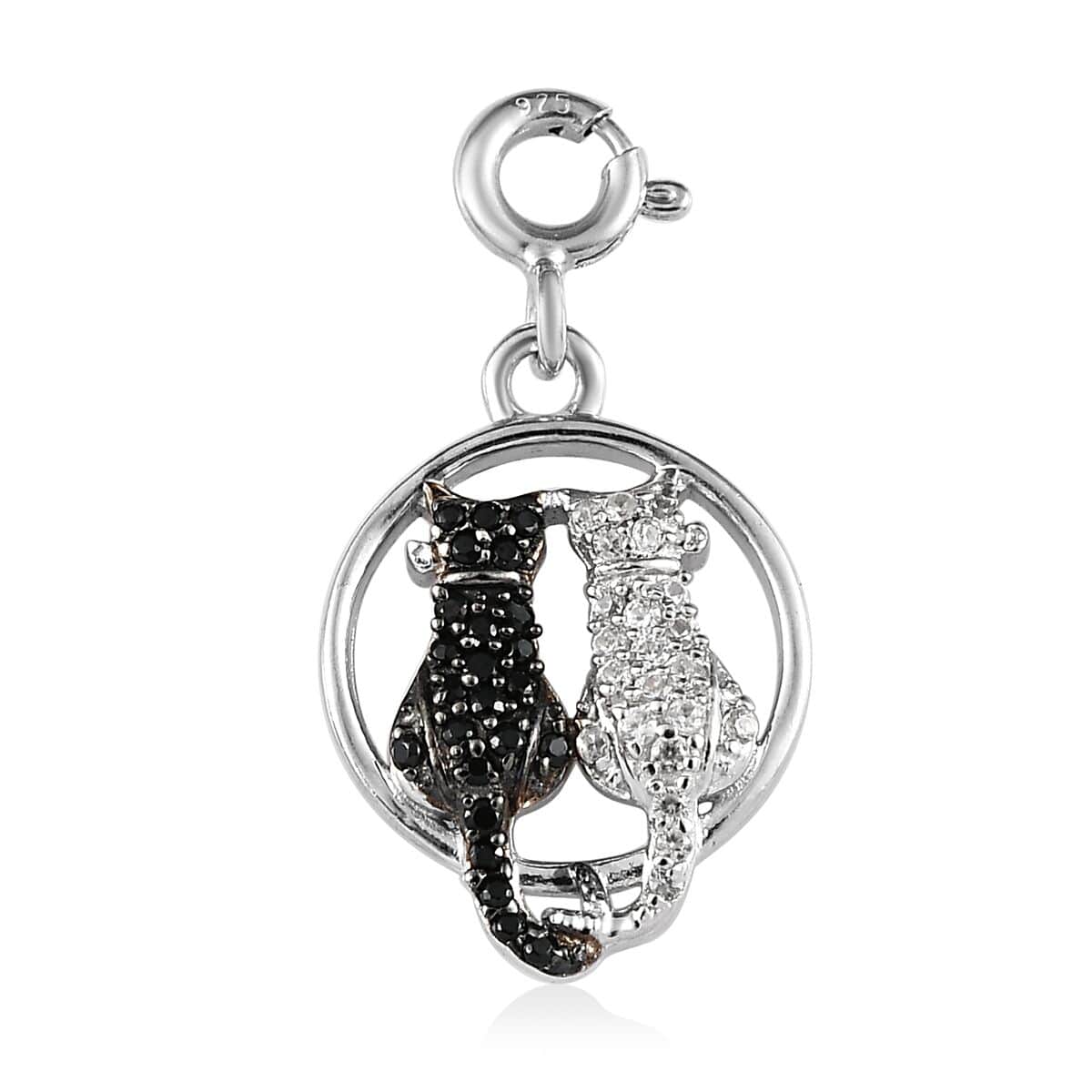 Natural Thai Black Spinel and Natural White Zircon Yin Yang Love Kittens Charm in Platinum Over Sterling Silver 0.40 ctw image number 0