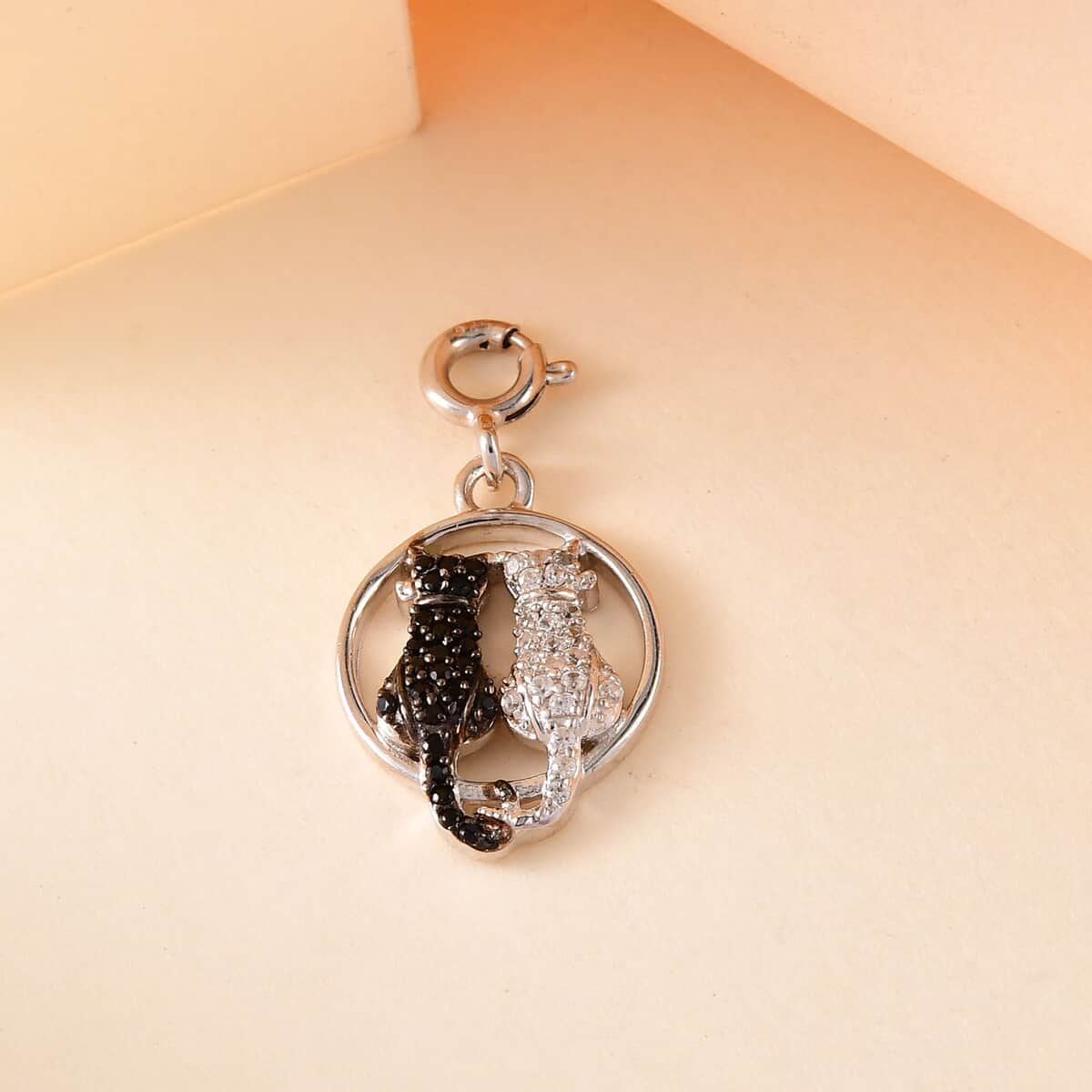 Natural Thai Black Spinel and Natural White Zircon Yin Yang Love Kittens Charm in Platinum Over Sterling Silver 0.40 ctw image number 1