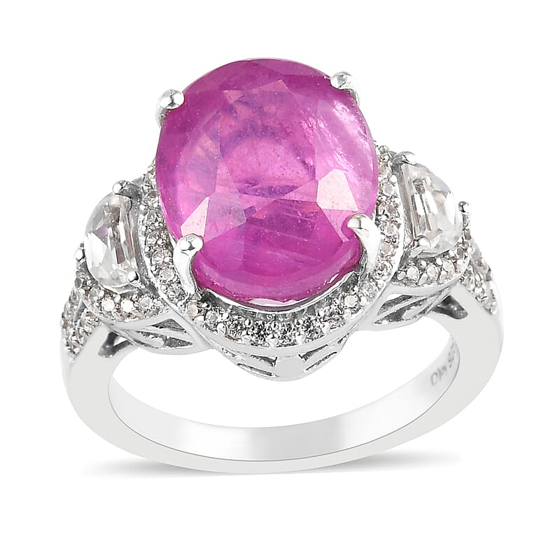 Ilakaka Hot Pink Sapphire and Natural White Zircon Ring in Platinum Over Sterling Silver (Size 10.0) 8.65 ctw