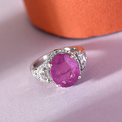 Ilakaka Hot Pink Sapphire and Natural White Zircon Ring in Platinum Over Sterling Silver (Size 10.0) 8.65 ctw