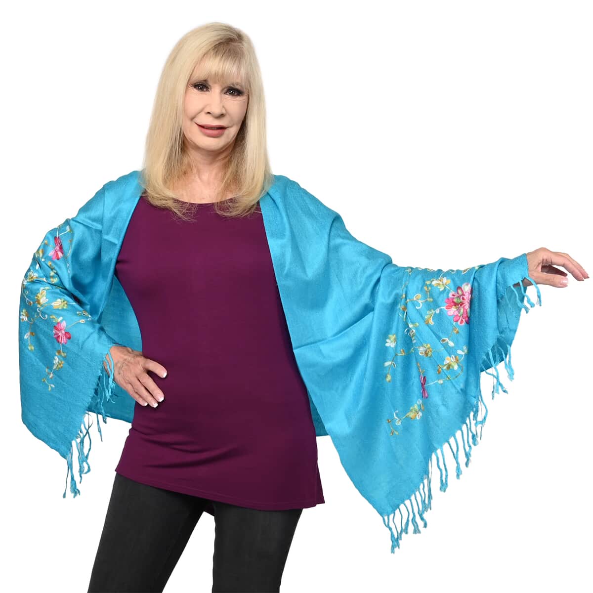 NY CLOSEOUT Designer Inspired Turquoise Floral Vine Shawl image number 0