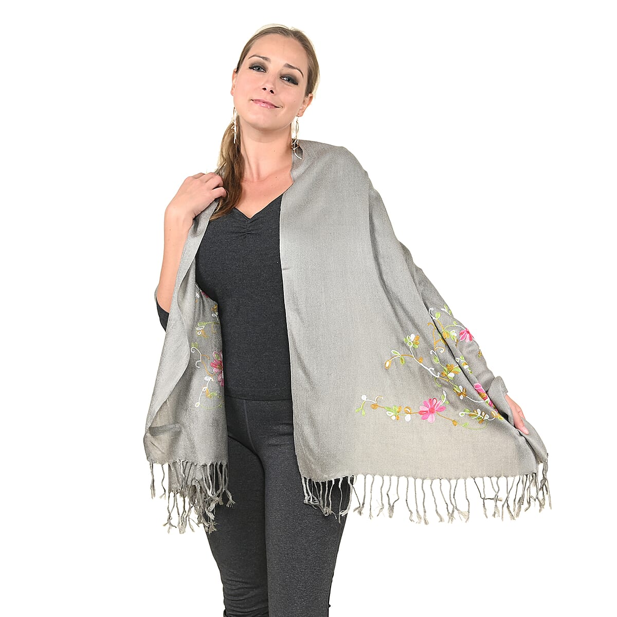 NY CLOSEOUT Gray Floral Vine Shawl (72"x28") image number 0