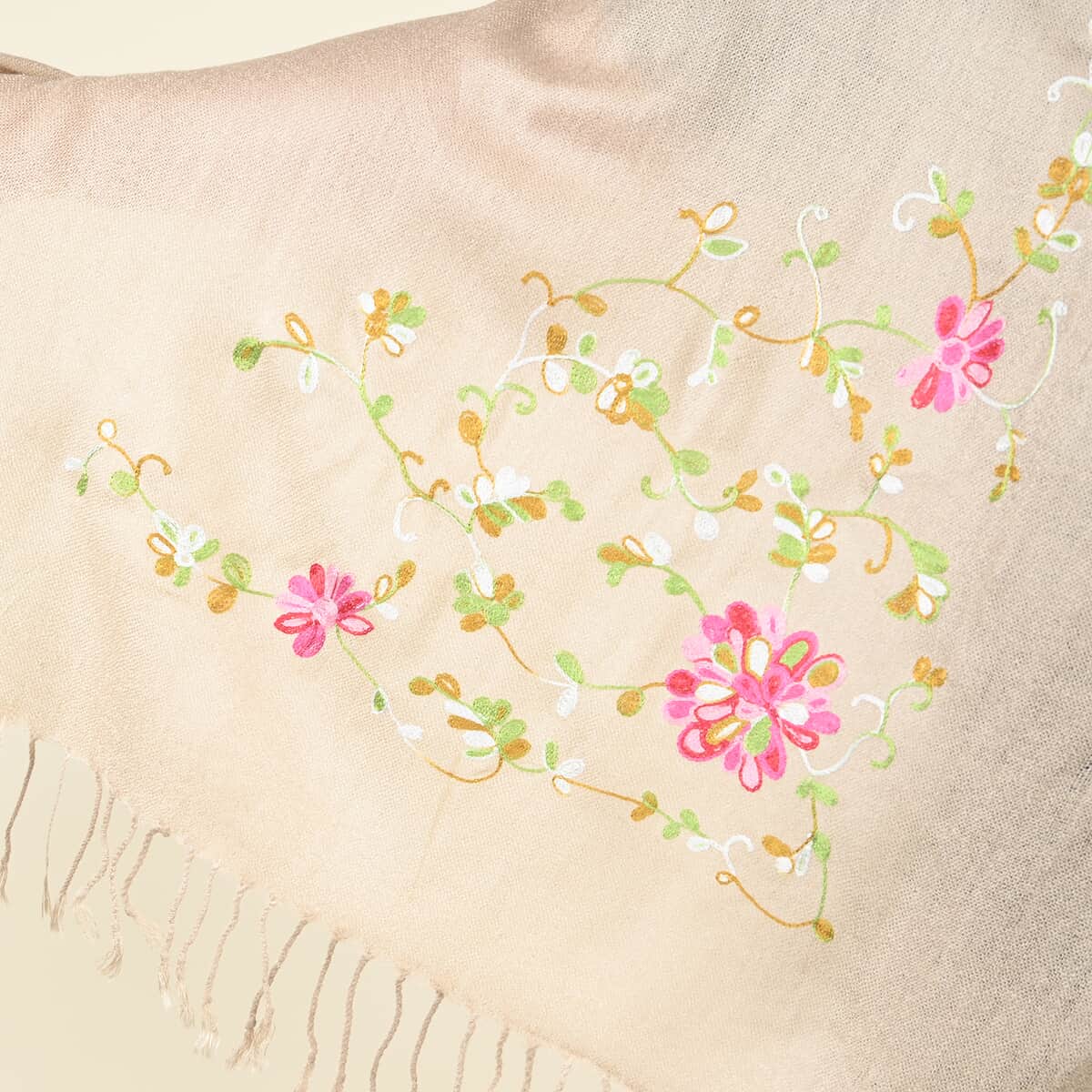 NY Closeout Designer Inspired Khaki Floral Vine Shawl image number 2